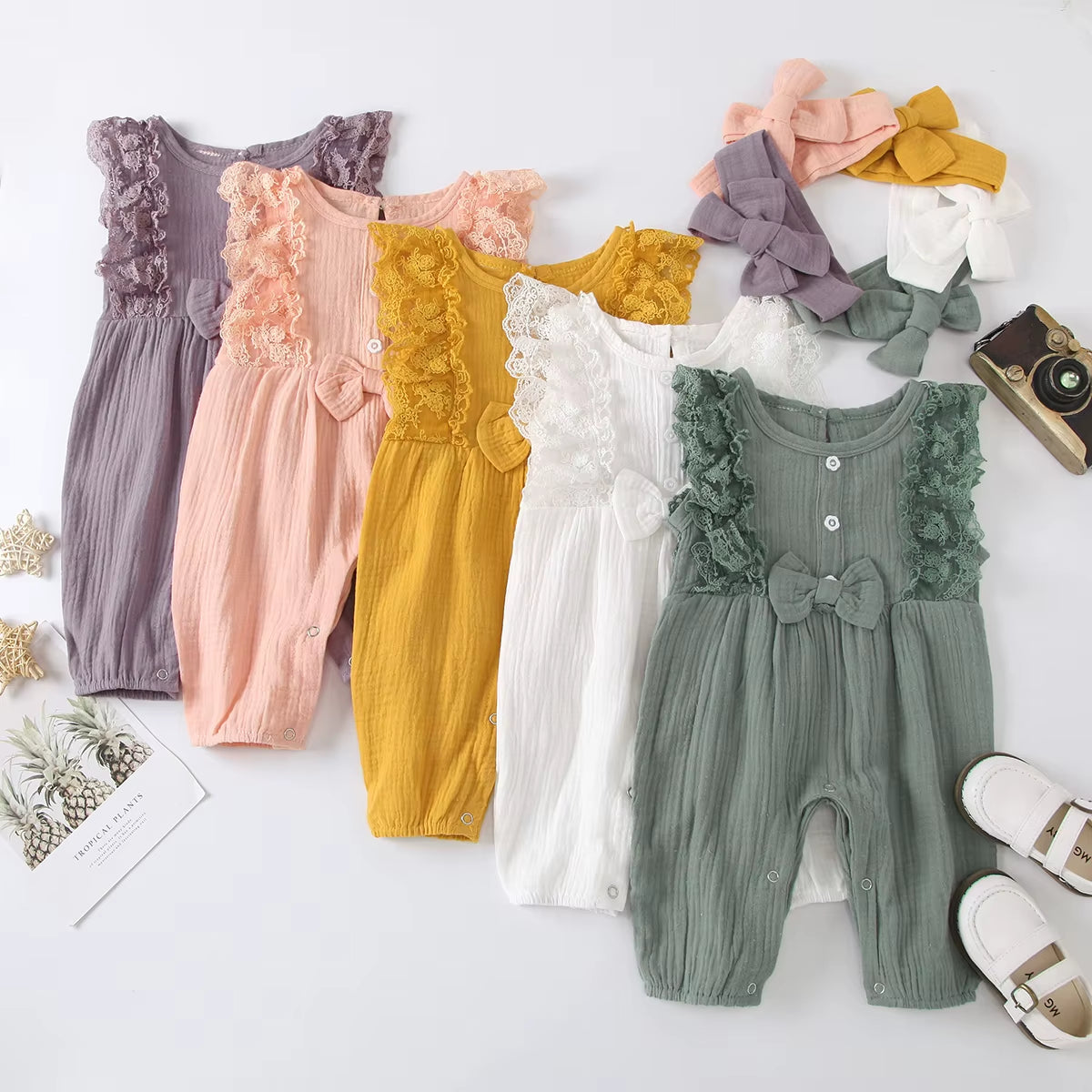 LunaLinen – Baby Girl Cotton Romper & Headdress Set